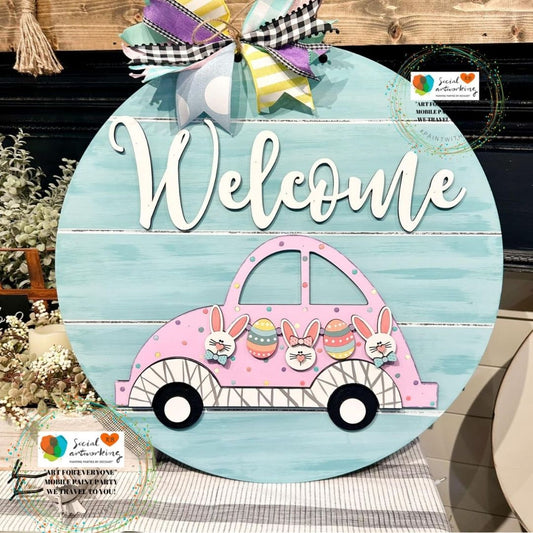 Welcome Bunny Car 2-D Wood Door Hanger